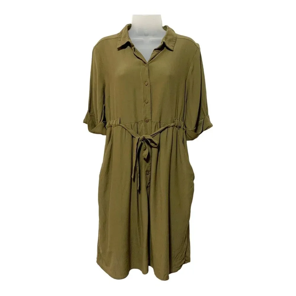 ASOS Womens Dress Olive Green Short Sleeve Tie Waist Button Front Size 8 - Picture 1 of 12